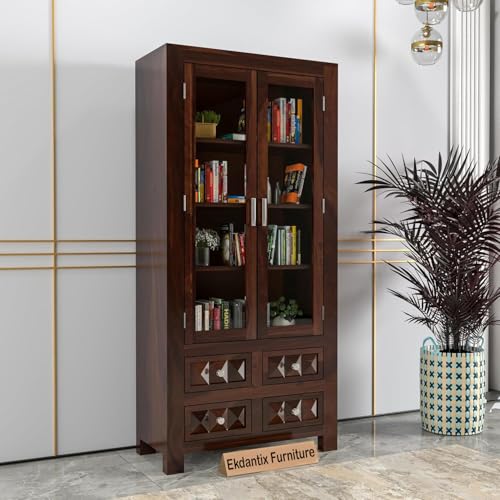 Image of Wood Book Shelf for Home Library | Book Shelf with Glass Door | Kitchen Crockery Cabinet, Almirah, Home,Office Study Room Furniture Books Rack (Walnut Finish)