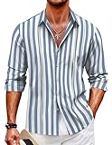 COOFANDY Men's Regular-Fit Long-Sleeve Solid Linen Shirt Casual Button Down Beach Shirt Blue Stripe