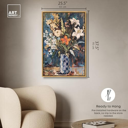 Image of Art Remedy Blue Floral Vase Canvas Floral Vase Wall Art, Gold Frame, 24 inch x 36 inch