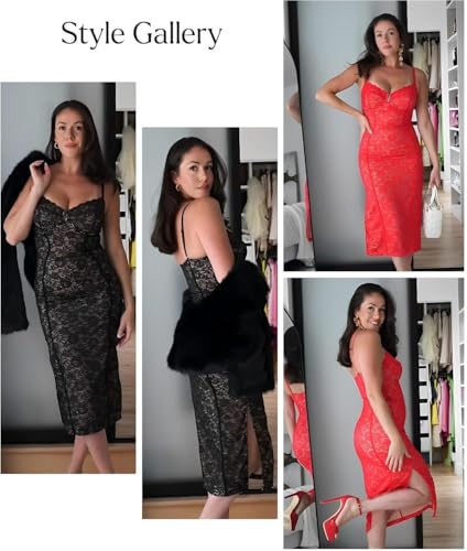 Image of Popilush Lace Corset Dress with Built in Shapewear Formal Cocktail for Women Deep V Neck Side Slit Bodycon Midi Black