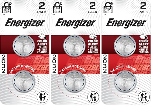 Image of Energizer 2032 Batteries, 3V Lithium Coin Batteries with 3-in-1 Child Shield, 2 Count, (Pack of 3)