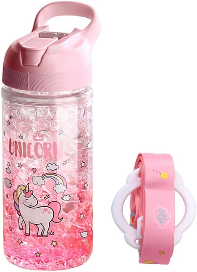 Unicorn Water Bottles for Girls,Cup with Straw and Safety Lock,Pink Outdoor Indoor Water Bottle,400ML/13.5oz for school kids girl unicorn lover (Pink)