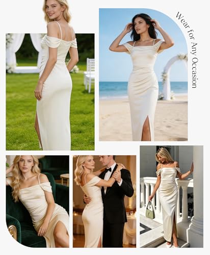 Image of Popilush Wedding Guest Dresses for Women Off Shoulder Shapewear Maxi | Multi-Way Wear, Built in Bra, Light Tummy Control, Ruched Satin Formal Cocktail Evening Bridesmaid Dress