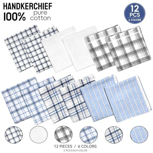 Image of Men's 12pcs 100% Cotton Checkered Handkerchiefs Gift Box, 15.75 Inch Soft Breathable Absorbent Large Pocket Squares