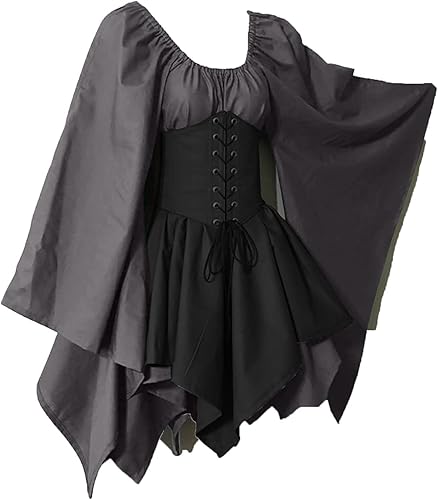 Miniatura 5 de SHOPESSA Disfraz de feria renacentista para mujer, vestido gótico victoriano, vestido gótico de manga acampanada, disfraz de bruja hippie
