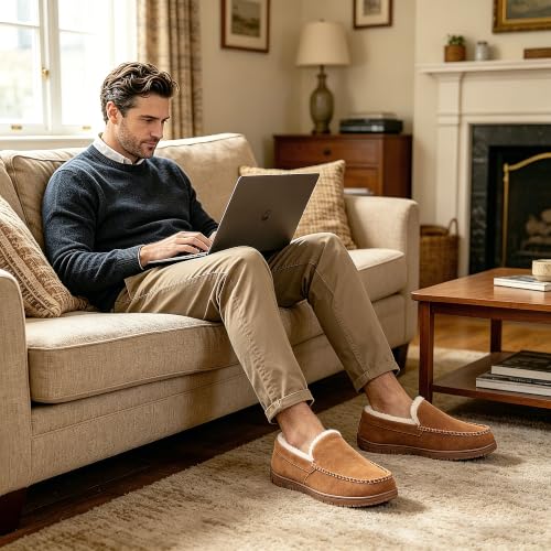 Image of Lulex Moccasins for Men House Slippers Indoor Outdoor Plush Mens Bedroom Shoes with Hard Sole
