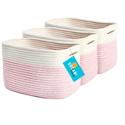 Image of OrganiHaus Pink Storage Bins Set of 3 | Nursery Towel Baskets for Bathroom | Woven Decorative Storage Baskets | Book Baskets | Cotton Rope Baskets for Storage