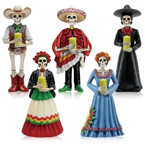 Yalikop 5 Pcs Dia De Los Muertos Vigil Figurines Day of The Dead Tabletop Decor Day of The Dead Sculpture Dia De Los Muertos Gifts Wooden Mexican Decor for Home Altar Halloween Party Supplies