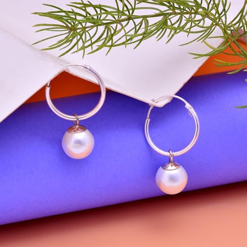 Image of Abhooshan Pure 92.5 Sterling Silver 12mm Hoop Earrings with 8mm hanging White Pearl Designer Drop Stylish Trendy Light weighted Earrings. Best Gift for Wife Mother Daughter Sister Girlfriend Anniversary Marriage Birthday