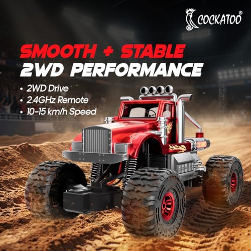 Image of Cockatoo Kids Monster Truck Remote Control Car Toy for Kids, RC Car 2WD, 2.4GHz Remote, Smooth Suspension, 10-15 km /h Speed, 1200mAh Rechargeable Battery, Racing Car, Indoor & Outdoor, Ages 4+, Red
