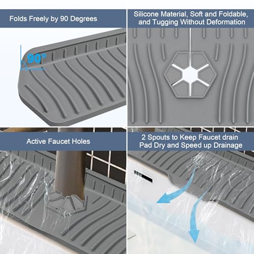 Image of Sink Drain Mat Behind Faucet,Faucet Guard Draining Mat, 90 Foldable Tap Draining Mat for Kitchen Sink with 2 Water Ports, Faucet Drain Mats for Kitchen, Bathroom, etc (Gray, 29.5 inch*6.1 inch)