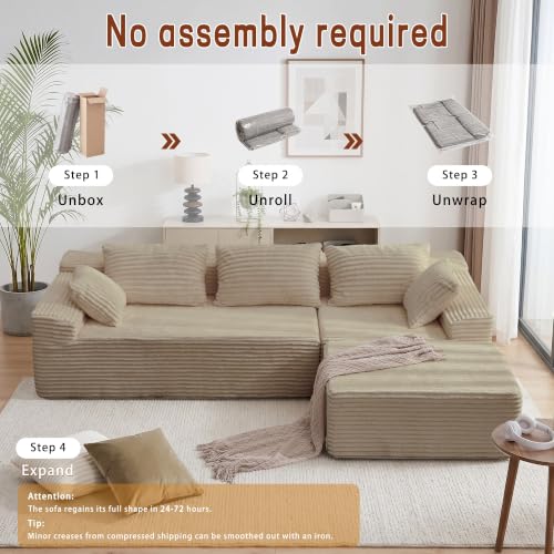 Image of Korser 108 inch L-Shaped Modular Sectional Sofa with Chaise, Boneless Comfy Corduroy Fluffy Couch with Deep Seat and Side Pockets, Flexible Module Combination for Living Room, No Assembly, Side Pockets