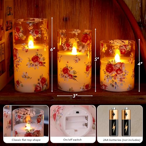 Image of Rose Flameless Candles Set of 3 - Glass Battery Operated Candles with Remote, Flickering Floral Flameless Candle for Wedding, Home, Party Gift