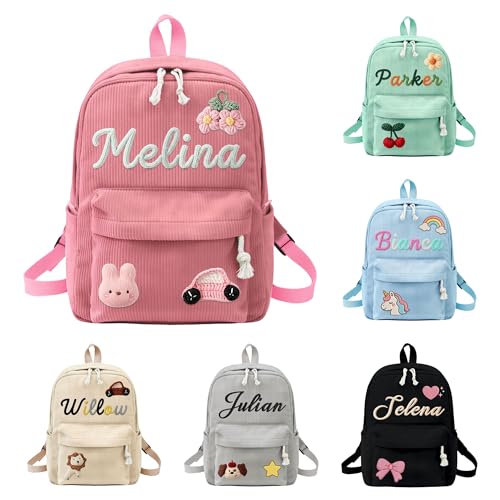 Custom Backpack for Girls Boys Personalized Corduroy Backpack with Embroidery Name for Kids Toddler Customized Bookbag for School Travel Daily Use Ideal Gifts for Back to School Birthday Christmas