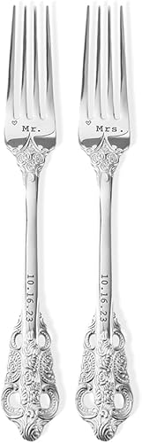 callie Juego de 2 tenedores de boda personalizados con fecha grabados con fecha, cubiertos plateados vintage personalizados resistentes para pastel