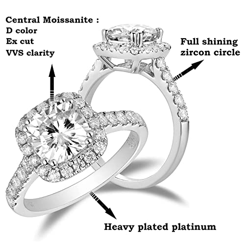 1-2CT Moissanite Rings, Round Cut Square Halo Engagement Rings w/Light Box, VVSI Excellent D color, Platinum Plated Wedding Bands, Size from 4.5 to 92