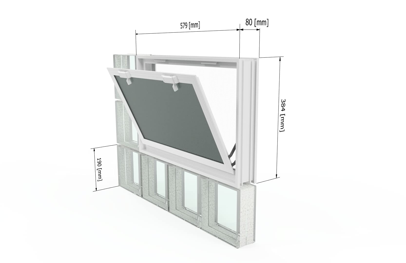 Finestra di ventilazione per l'inserimento in una parete di vetro, mattoni o blocchi di cemento | Dimensioni cm 57,9x38,4x8 | Sostituisce 6 blocchi di vetro 19x19x8 cm | Unità vendita 1 finestra