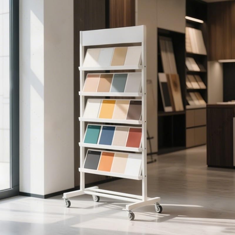 Présentoir Roulant Double Face à 5 Niveaux pour matériaux de Construction – Support de Rangement 80 x 30 x 135 cm avec 4 poulies pour Salons et expositions, Durable et Portable