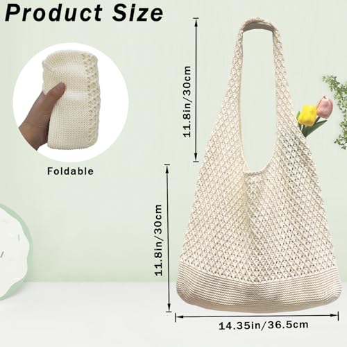 Crochet Tote Bag for Women, Cute Crochet Mesh Beach Bag Summer Beach Tote Bag Summer Vacation Aesthetic Boho Knit Bag for Women (Beige)2