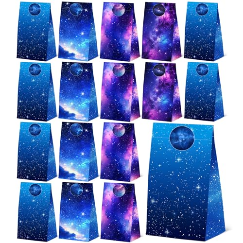 24 Pcs Galaxy Paper Bags with Stickers Outer Space Themed Birthday Party Favor Bags Solar System Planet Gift Bags Space Party Favors Starry Sky Goodies Bags Decor Supplies 4 Designs