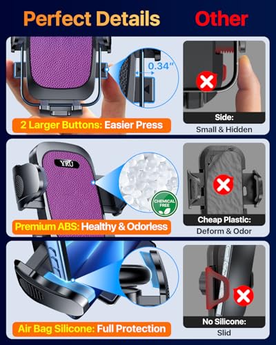 Image of YRU [True Upgrade for Safety] Car Phone Holder Mount [Patent & Military-Grade] Dashboard Cell Phone Holder for Car Vent Windshield Phone Stand for iPhone 17 16 15 14 13 Pro Max Truck Samsung, Purple