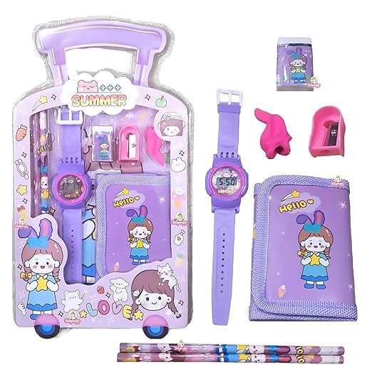APK 7 in 1 Stationery Set for Girls and Boys| Kids Return Gift 7 in 1 Cartoon School Items for Kids Pencils, Eraser, Sharpener, Watch, Wallet (Cute Girl)(Cartoon Design As per Stock) (Purple) (B0DJ7MYSV7) Amazon Price History, Amazon Price Tracker