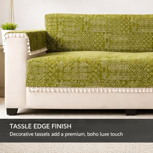 Image of STITCHNEST Woven Fabric Sofa Cover 2 Seater with 2 Hand Rest Covers - Washable Green Sofa Cover with Tassels - Durable Premium Fabric - Stylish Sofa Protector for Living Room & Furniture Decor22