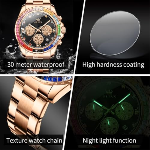 Image of OLEVS Watch for Men Luxury Gold Diamond Chronograph Business Wristwatch with Analog Quartz, Date Calendar, Stainless Steel Band, Luminous Hands, Waterproof