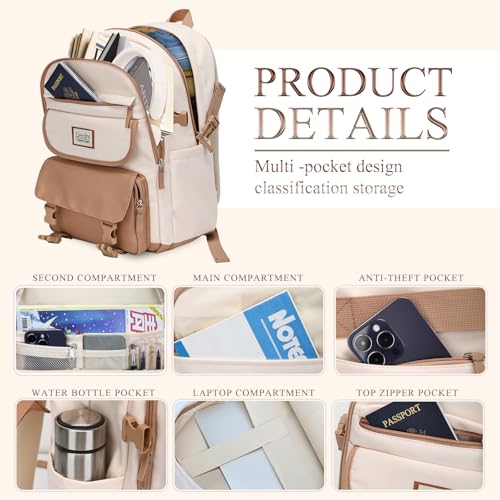 17.3 inch laptop backpack for women, Girls backpacks, Cute backpack for school, College middle high school students book Bag, Water resistant bookbag for girls, mochilas escolares para niñas, Beige3