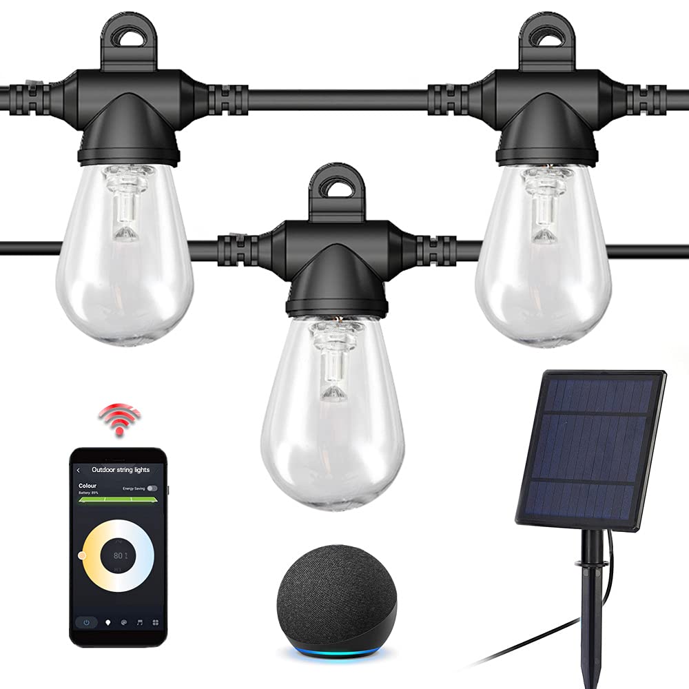 27ft Solar Outdoor String Patio Lights,Work with Alexa Bluetooth WiFi Control,Warm&White Light 12 Edison Bulbs Shatterproof ,LED Smart String Lights IP65 Waterproof Auto On for Party Gazebo Porch