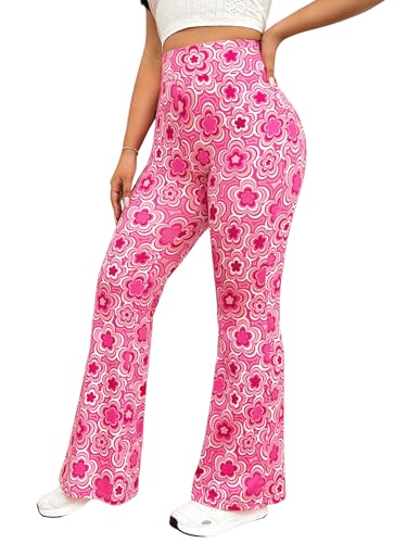 OYOANGLE Women's Plus Size Floral Print High Waisted Flared Leg Pants Bell Bottom Rave Trousers