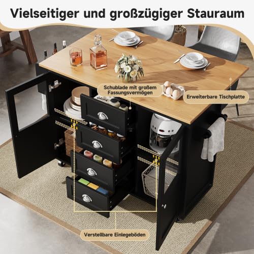 Kücheninsel 138x73(45) x93 cm Schwarz, Ausklappbarer Arbeitsplatte, 4 Schubladen & 4 Rollen, Gewürzregal & Handtuchhalter, Küchenschrank Buffetschrank, MDF & Metall für Kleine Küchen