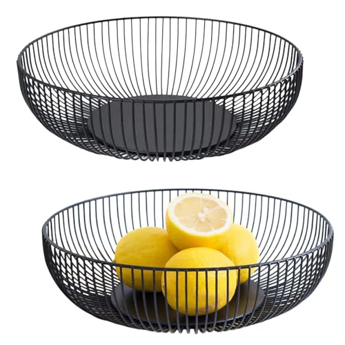 HTRTRR Set de 2 Fruteros Metálicos 28×8 cm – Cesta de Frutas Redonda de Alambre Negro – Diseño Decorativo para Cocina o Centro de Mesa – Ideal para Frutas, Pan o Verduras