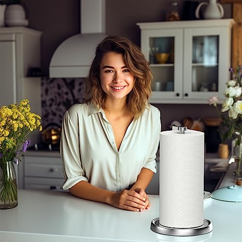 Image of Paper Towel Holder Countertop, One-Handed Tear, Stainless Steel, Weighted Base, Silver, Paper Towel Roll Holder Stand with Ratchet Mechanism for Kitchen Bathroom Farmhouse Essentials Decor Accessories