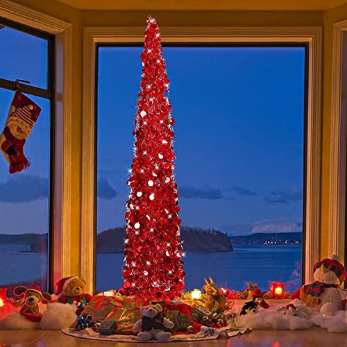 Joy-Leo 5Ft Red Sparkly Pop Up Sequin Christmas Tree - Reflective Colors Tinsel, Save Your Space And Time (Set Up In 5 Minutes), Collapsible Small Tabletop Artificial Xmas Tree, Skinny Pencil Tree #TOP3