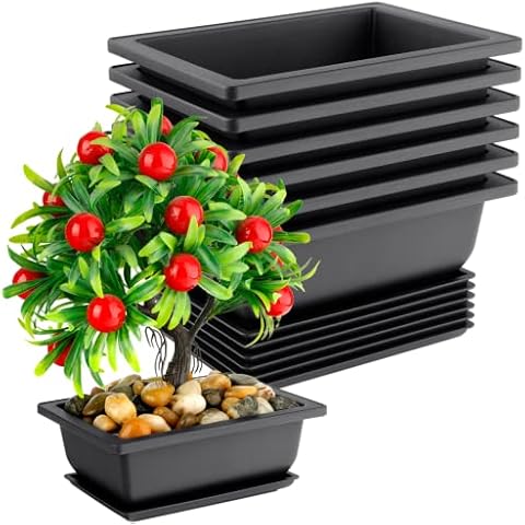 Bonsai Pot 6.5 Inches, 6 Packs Rectangle Bonzai Training Pots with Drainage Trays, Plastic Flower Pot Humidity Trays, Square Potted Planter Pot for Living Room, Office, Yard, Garden, Indoor, Balcony Cover