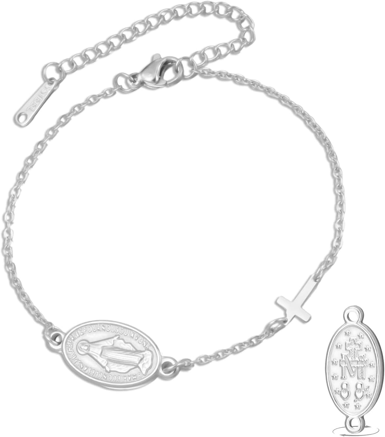 Wuufake Dispositivo portátil: pulsera doble cara con medalla de la Virgen de Guadalupe para hombre, cordón trenzado artesanal, joyería católica cristiana religiosa arte, silver 7