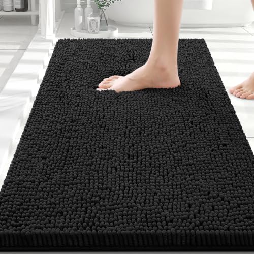 Smiry Luxury Chenille Bathroom Rugs 30x20 Extra Soft and Absorbent Shaggy Bath Mat Machine Washable Non-Slip Plush Carpet Runner for Tub Shower and Floor Home Decor Accessories Black