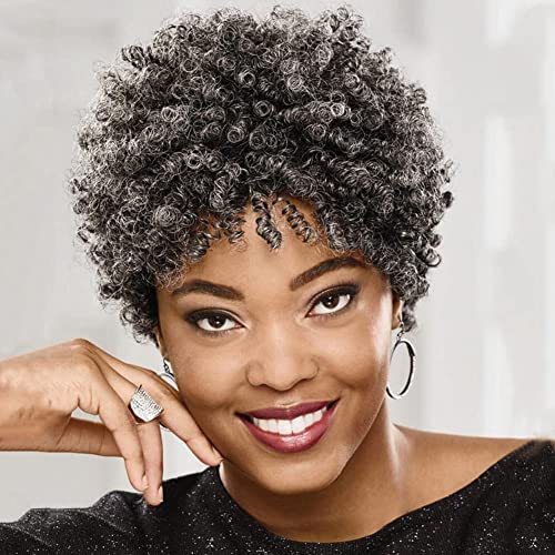 PHOCAS Kurze graue lockige Afro-Perücken für schwarze Frauen, kurze Afro-Perücken mit Pony, natürliches Kunsthaar, lockige Cosplay-Perücke Cover