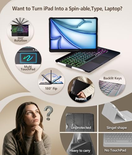 Image of BABG for iPad 10th 11th (A16) Case with Keyboard&iPad Air 11(M4,M3,M2),360Swivel,7 Use Modes,Rainbow Backlight Keyboard for iPad Pro 11(1st /2nd /3rd /4th Gen)&iPad Air 5th /Air 4th-Black