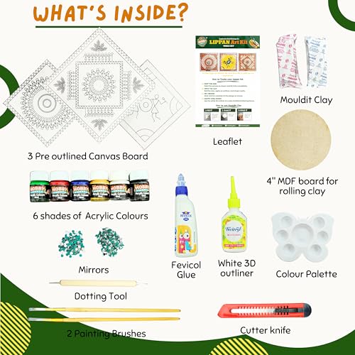 Image of Hobby Nest Hobbynest DIY Lippan Art Kit | Mud Mirror Art Craft Kit | Warli Tribal Design Wall Decor | Handmade Art Kit for Beginners, Kids & Adults (DIY Lippan Art kit Warli Set)