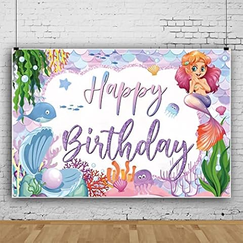 Bovlleetd 5x3ft Mermaid Birthday Background Ocean Theme Birthday Party Decoration Banner Happy Birthday Backdrop Cartoon Whale Octopus Shell Pearl Photography Background Cover