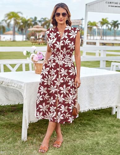 Image of GRACE KARIN Business Casual Dresses for Women 2026 Summer Flowy Boho Vacation Sundress Burgundy Floral 2XL