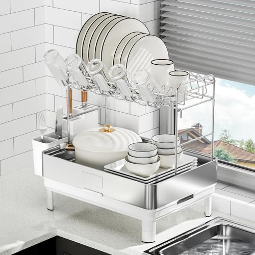 Image of Ewaiira Large Dish Drying Rack, 304 Stainless Steel Dish Racks for Kitchen Counter, 2 Tier Raw White