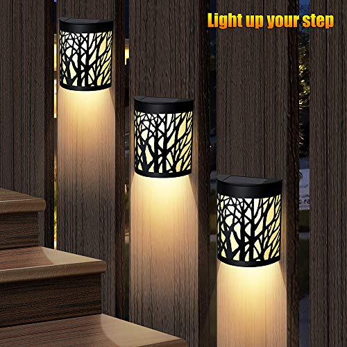 DenicMic Solar Wall Lights Outdoor Fence Solar Lights for Deck Patio Stairs Step Backyard LED Forest Night Lights, Waterproof, Warm White/Color Changing (2 Pack)