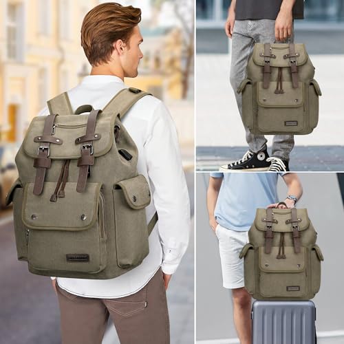 Image of WITZMAN Canvas Backpack for Men Vintage Rucksack Fits 15.6 inch Laptop | Drawstring Backpack, Travel High Capacity Casual Daypack with USB Charging Port, For Vacation, Overnight Trip, A8004 Green