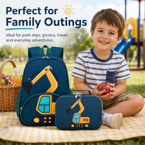Image of LOIDOU Kids Backpack with Lunch Box Set, Toddler Preschool Boys Backpack with Chest Strap, Water resistant 15 Inch Excavator Backpack LunchBox Combo for Kindergarten Daycare Travel