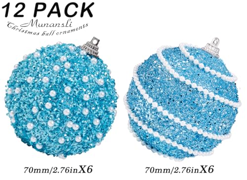 Baby Blue Christmas Ball Ornaments, Christmas Ball Decorations Shatterproof Plastic Hanging Pearl Balls for Holiday Party(70mm/2.76", 12ct) - image 4