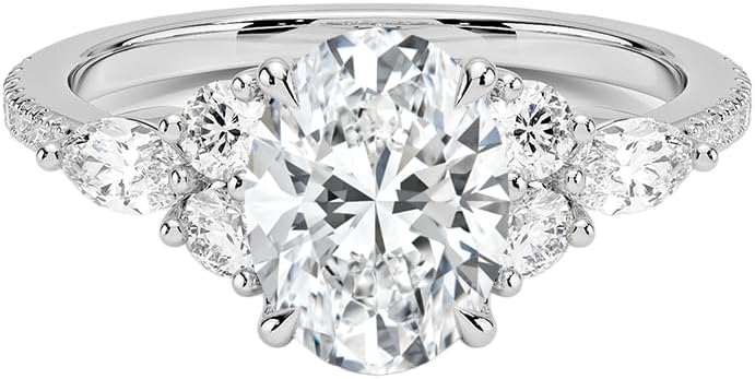 IGI 2.06 Carat White Oval Excellent Cut Four Claw Prongs Lab Created Diamond Engagement Ring With Side Marquise and Round Lab Diamonds In 14k Gold