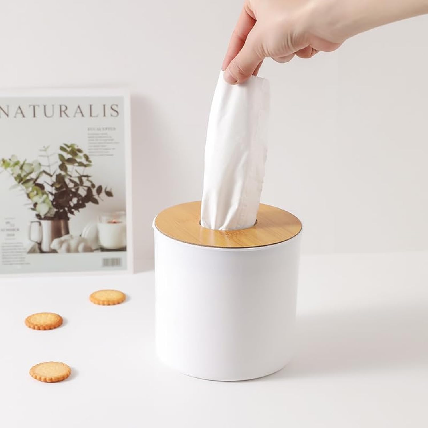 Wood Tissue Box Cover, Rectangular Tissue Box Holder for Storage, Facial Tissue Dispenser Box Case Storage Box Napkin Container for Home and Office (Round)